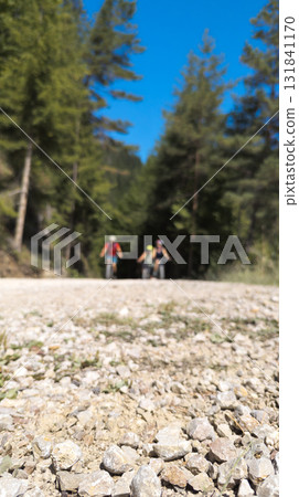 Cyclists riding mountain bikes on gravel road in forest Cyclists riding mountain bikes on gravel road in forest 131841170