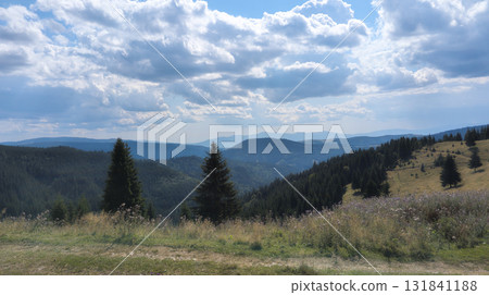 Lush green valley and mountains dominating the landscape under blue sky Lush green valley and mountains dominating the landscape under blue sky 131841188