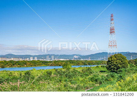 枚方市淀川河床上的輸電線塔 131841200