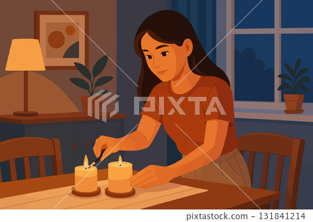 Young woman lighting candles at home in the evening 131841214