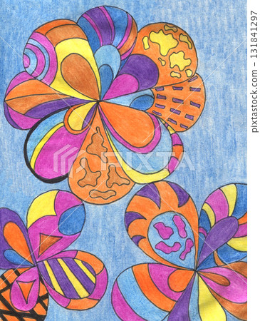 Abstract flowers drawn with colored pencils in children style on blue background. Bright hand drawn color floral curved lines, scribble ornament, line art for postcard, greeting card, stationery Abstract flowers drawn with colored pencils in children style on blue background. Bright hand drawn color floral curved lines, scribble ornament, line art for postcard, greeting card, stationery 131841297