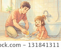 父親和女兒一起打掃浴室的插圖 131841311