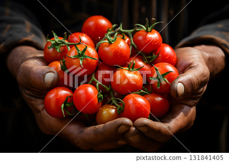 Farmer female hands in apron holding heap fresh ripe red cherry tomatoes in heart shape closeup. Woman grocery vendor arms carrying raw eco friendly vegetables nature love ecology environment. 131841405
