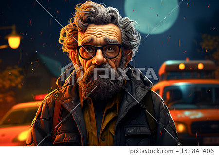 3D avatar of a cartoon character, a sad elderly Caucasian with a gray beard on the background of the city. 131841406