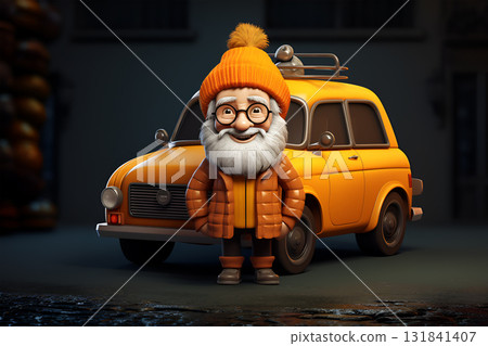 Senior bald man with glasses and vest next to his personal transport. Elderly male character with gray hair. Pensioner, retired person stands near retro car. Granddad, grandfather illustration 131841407