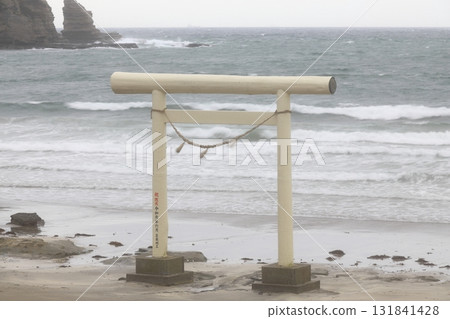 宇原海岸(千葉縣勝浦市)上的白色鳥居 宇原海岸(千葉縣勝浦市)上的白色鳥居 131841428