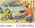 父子倆的汽車保養。父子倆在車庫裡打蠟。 131841462