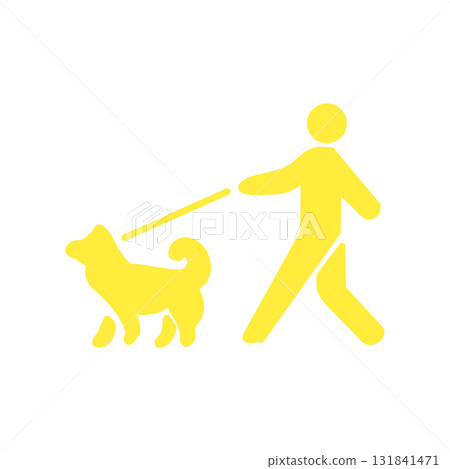 Yellow pictogram icon of a person walking a dog on a leash 131841471