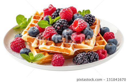 Waffle with fresh berries on plate isolated on white background png transparent clipart. 131841670
