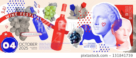 Wine festival. Halftone poster. Grapevine, Venus sculpture, wine glasses, bottles and clusters. Alcohol beverage. Vintage trendy design dots, art antique. Vector element, horizontal invitation banner Wine festival. Halftone poster. Grapevine, Venus sculpture, wine glasses, bottles and clusters. Alcohol beverage. Vintage trendy design dots, art antique. Vector element, horizontal invitation banner 131841739
