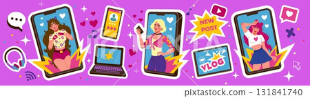 Blogger new post. Doodle icon phone. Laptop and smartphone. Internet vlog. Content creator woman. Cute girl playlist. Social media screen. Blogging photo. Vector business podcast of tidy influencers Blogger new post. Doodle icon phone. Laptop and smartphone. Internet vlog. Content creator woman. Cute girl playlist. Social media screen. Blogging photo. Vector business podcast of tidy influencers 131841740