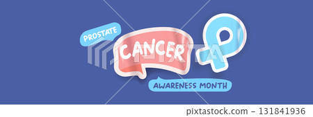 November Prostate cancer awareness month banner with blue ribbon icon. Blue November is prostate cancer awareness month. Movember mens health month poster and wide banner 131841936