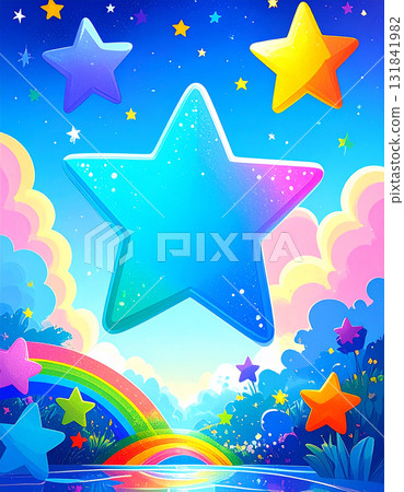 色彩繽紛的大星星和可愛、流行、夢幻的天空 色彩繽紛的大星星和可愛、流行、夢幻的天空 131841982