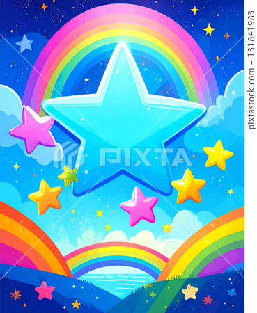 色彩繽紛的大星星和可愛、流行、夢幻的天空 色彩繽紛的大星星和可愛、流行、夢幻的天空 131841983