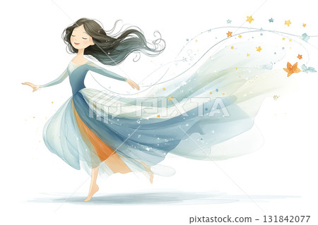 一幅展現年輕女子與星光仙女舞蹈的作品 131842077