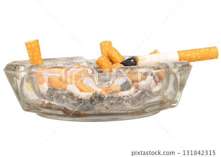 Glass Ashtray with Extinguished Cigarette Inside on White Background Glass Ashtray with Extinguished Cigarette Inside on White Background 131842315