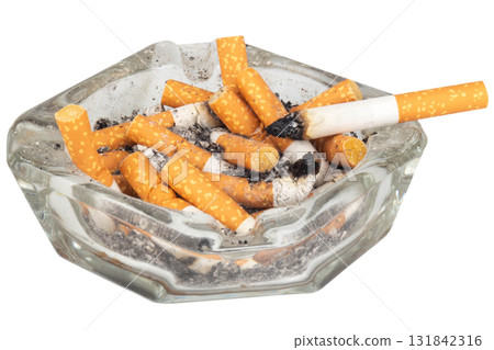 Glass Ashtray with Extinguished Cigarette Inside on White Background 131842316