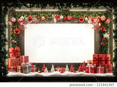 Christmas Storefront Window Mockup with Large Blank Poster Space Surrounded by Festive Merchandise Christmas Storefront Window Mockup with Large Blank Poster Space Surrounded by Festive Merchandise 131842365