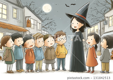 美優系列：萬聖節之夜，高中女巫美優在城市裡微笑著和孩子們說話 131842513