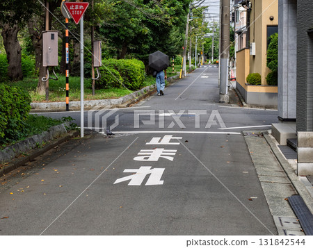 能見度差的交叉路口、臨時停車警告、[停車]路標和道路標線 131842544