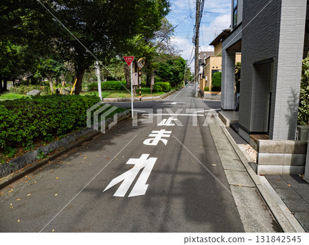 能見度差的交叉路口、臨時停車警告、[停車]路標和道路標線 131842545
