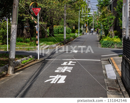 能見度差的交叉路口、臨時停車警告、[停車]路標和道路標線 131842546