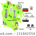 橫濱旅遊，手繪旅遊景點與遊客平面插畫 131842554