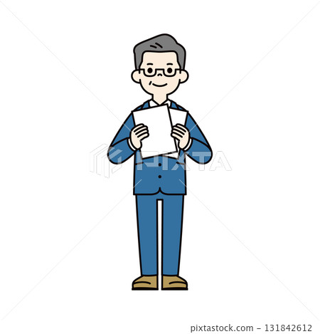一個簡單的全身向量插圖，一位中年男性總統拿著一份白色文件並解釋 131842612