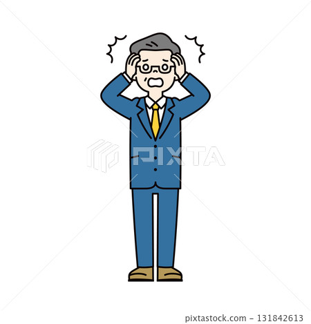 一個簡單的全身向量插圖，描繪了一位 60 多歲或 70 多歲的男性經理震驚地抱住頭 131842613