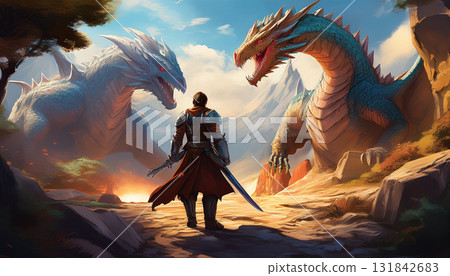 RPG fantasy game jacket wind dragon and warrior battle scene 131842683