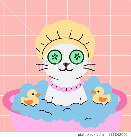 Cute Cat in Bubble Bath with Cucumber Eyes and Rubber Ducks 131842691
