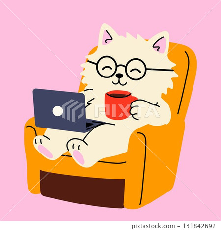 Cute Cat Freelancer with Laptop and Coffee Cup Cute Cat Freelancer with Laptop and Coffee Cup 131842692