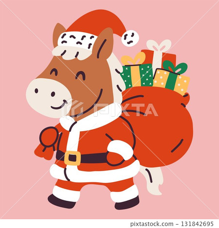 Cartoon Horse Dressed as Santa with Holiday Presents 131842695