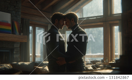 Cozy Embrace. Two people share a tender moment in a sunlit room 131842867