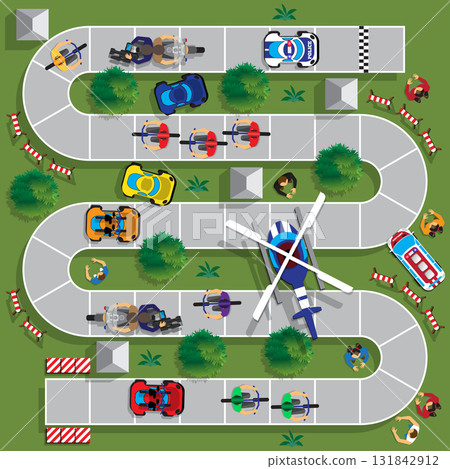 Cyclists group at professional race. Child Game. View from above. Vector illustration. Cyclists group at professional race. Child Game. View from above. Vector illustration. 131842912