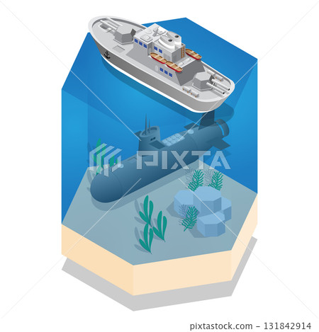 Warship and Submarine. Isometric. Vector illustration. 131842914