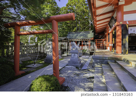 富山日枝神社充滿活力的正殿與鳥居－朱紅色的神社建築在藍天的襯托下格外醒目 131843163