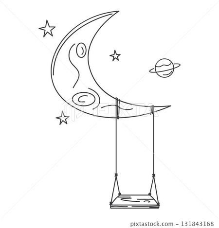 Vector illustration design of a swing line hanging on the moon with stars and planets, suitable for learning to color Vector illustration design of a swing line hanging on the moon with stars and planets, suitable for learning to color 131843168