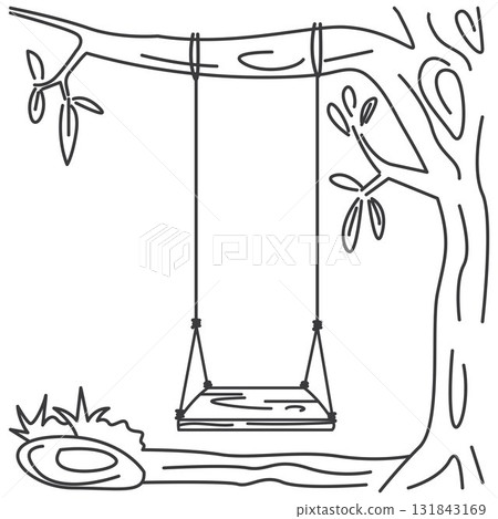 Vector illustration design of a swing line hanging from a tree suitable for learning to color Vector illustration design of a swing line hanging from a tree suitable for learning to color 131843169
