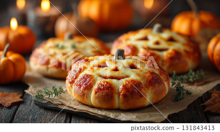 Halloween-Themed Pizza. Pumpkin-shaped pizzas styled as jack-o'-lanterns Halloween-Themed Pizza. Pumpkin-shaped pizzas styled as jack-o'-lanterns 131843413