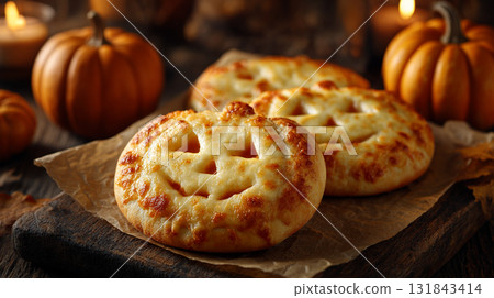 Halloween Pizza Delight. Mini pumpkin-shaped pizzas 131843414