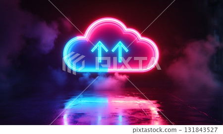 Neon Cloud with Arrows Representing Cloud Storage and Data Transfer 131843527