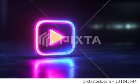 Neon Play Button in Square Frame with Bright Colors and Glow Neon Play Button in Square Frame with Bright Colors and Glow 131843544