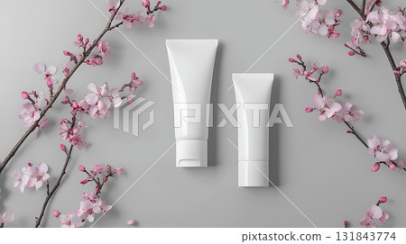 White Cosmetic Tubes with Cherry Blossom Branches 131843774
