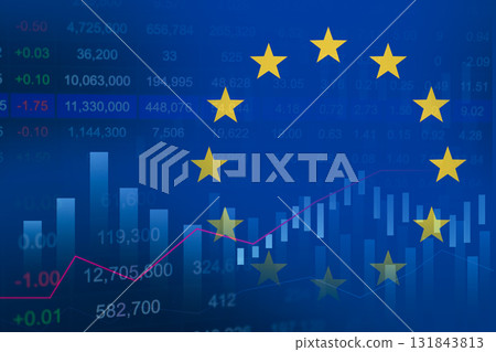 EU flag on stock investment trading with coin and graph. EU flag on stock investment trading with coin and graph. 131843813