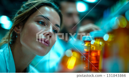 Smiling pharmacists examining medicine bottles together in a well-lit pharmacy Smiling pharmacists examining medicine bottles together in a well-lit pharmacy 131843866