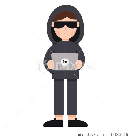 Flat cartoon illustration of a hacker character. Hacker character wearing a hoodie using a computer. Cybersecurity, coding, and hacking concept in minimal flat design style. 131843966