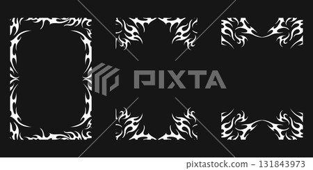 Neo tribal flame frame design. Stylish neo tribal flame frame design with white fire shapes on black background. Perfect for tattoo frame, poster border, or modern decorative artwork. 131843973