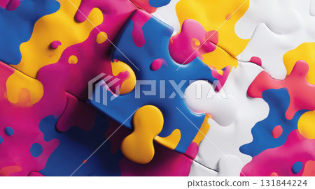 Colorful puzzle piece with vibrant paint splashes, abstract design, creative and playful mood Colorful puzzle piece with vibrant paint splashes, abstract design, creative and playful mood 131844224