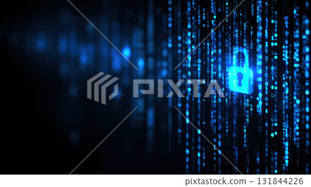 Digital lock glowing on cyber security background with blue binary code and shield icon 131844226
